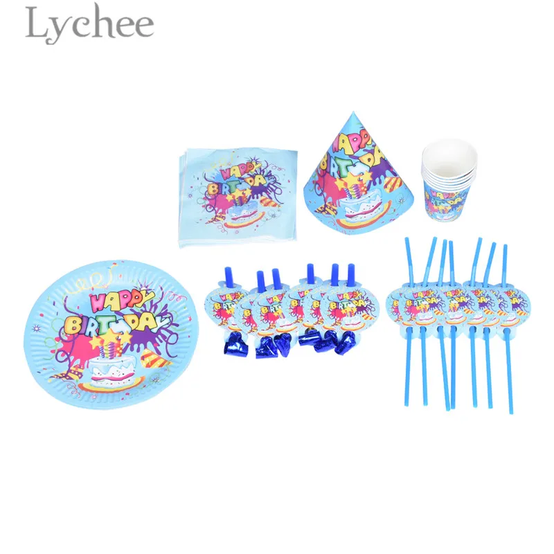 

Lychee Kawaii Cake Print Tableware Sets Blue Disposable Dinnerware Birthday Party Favors Supplies