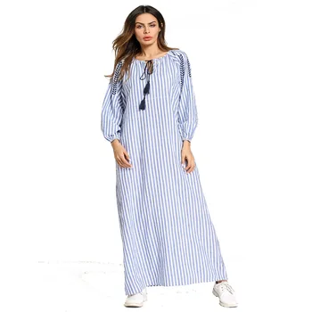 

Women Abaya Dubai Dress Ropa Musulmana O Neck Long Sleeve Striped Muslim Abayas para las mujeres Middle East Ropa Hijab Dress