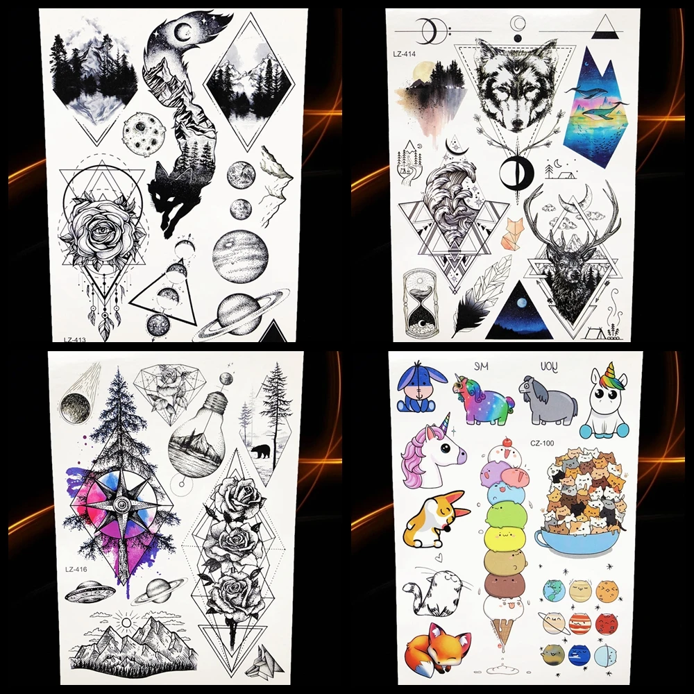 

Black Fox Moon Mountain Temporary Tattoo Stickers Waterproof Geometric Flower Wolf Forest Tattoo Women Men Body Arm Tatoo Planet