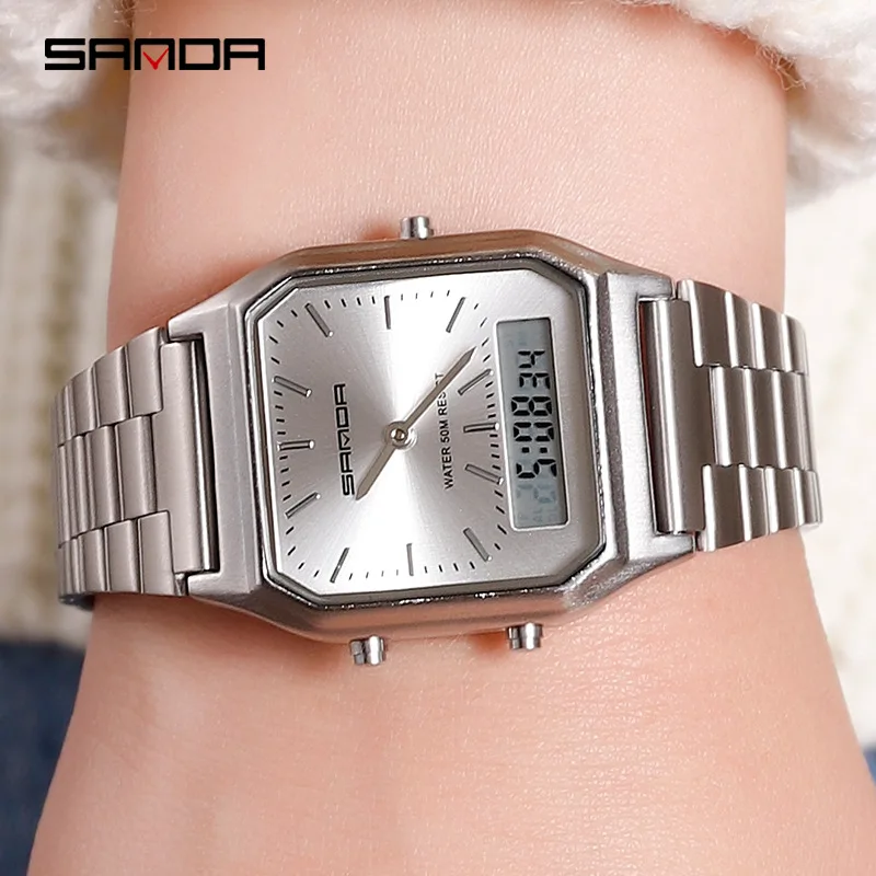 

Fashion Women Quartz Waterproof Silver Wristwatch Dual Display Analog Sports Watches LED Digital Clock relogios feminino 2019