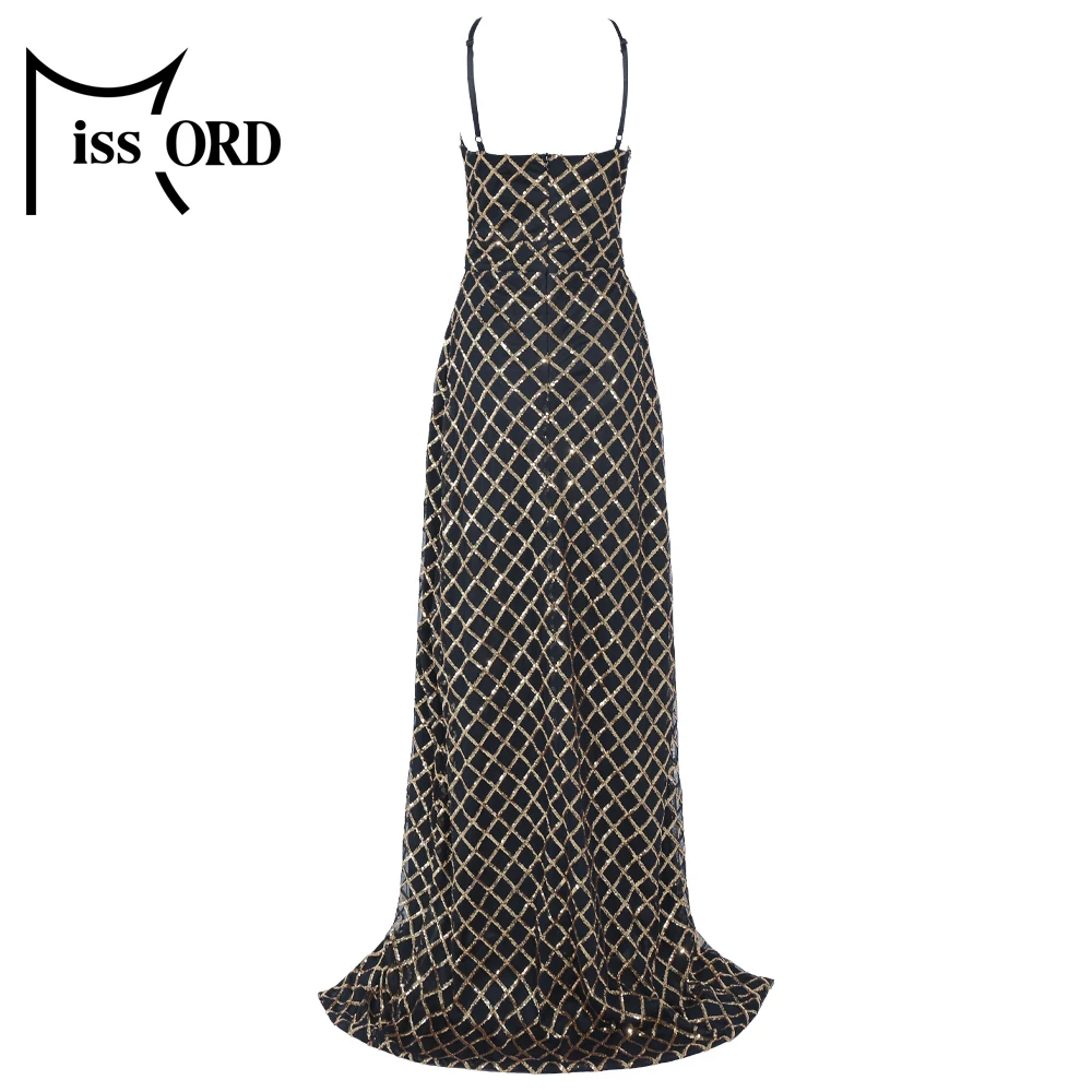 Missord, женское сексуальное платье с v-образным вырезом, открытыми плечами, с пайетками, женское элегантное платье макси с открытой спиной, платье с геометрическим принтом, FT19574-1