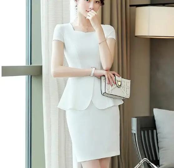 

2019 summerSolid White short-sleeve skirt suits two pieces set fashion slimming hotel uniform jewelry store beautician overalls