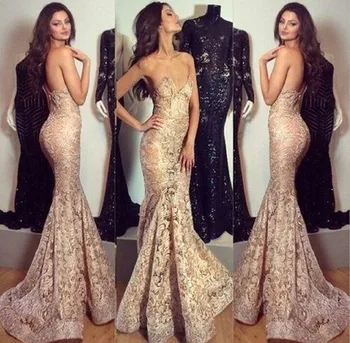 

Sexy V Neck Lace Long Prom Gown Mermaid Formal Evening Dresses