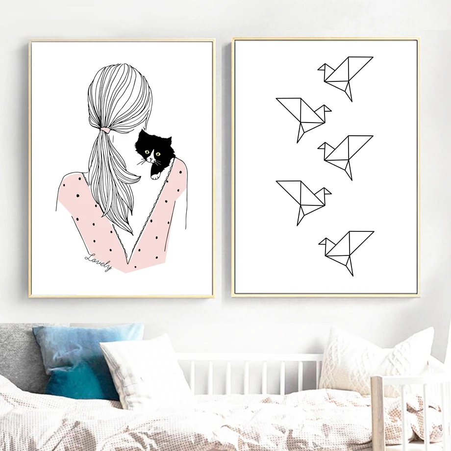 

Cartoon Girl Cat Bird Wall Art Canvas Posters And Prints Canvas Painting Nordic Poster Animal Wall Pictures Kids Room Wall Decor