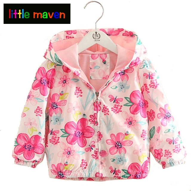 Kids Girls Floral Hooded Raincoat Windbreaker Coat Jacket Cartoon Outerwear 2-8Y 