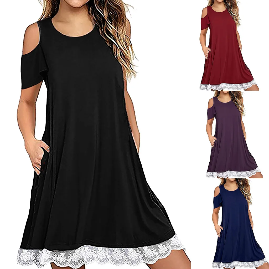 

dress summer women 2019 Casual dresses woman party night Solid O-Neck Lace Short Sleeve Above Knee Dress Loose Party Dress W0507