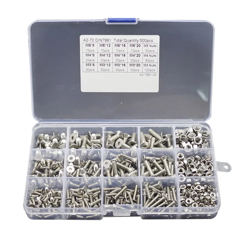 Urijk 500pcs/Lot M3 M4 M5 Button Head Hex Socket Screw Bolt Nut Stainless Steel 304 Screws Nuts Assortment Kit Fastener Hardware |