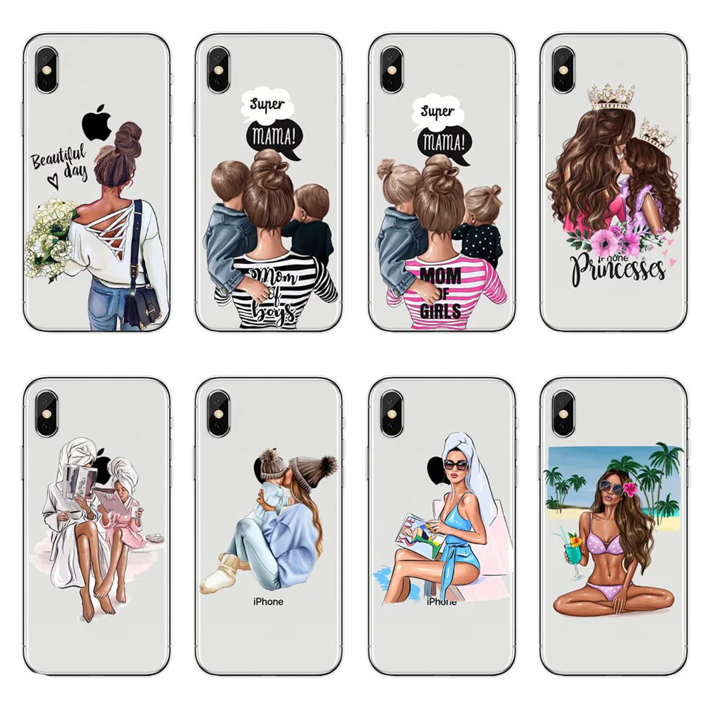Fashion Black Brown Hair Baby Mom Girl Case For iPhone X 6 6S Plus 7 7Plus 8 8Plus5 5s SE XR XS Max Silicone Queen Phone Cover |