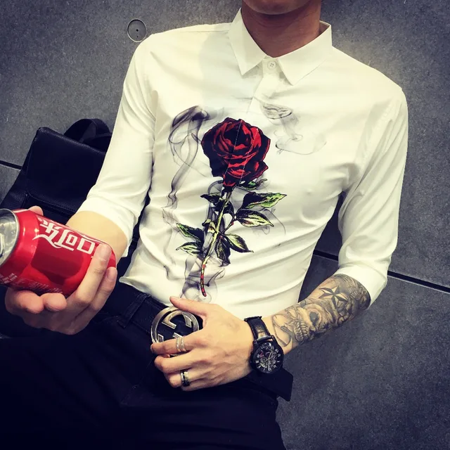 2018 New Men Pattern White Slim Shirt Printing Male Fashion Casual 2018 New Men Pattern White Slim Shirt Printing Male Fashion Casual Colid Color Designer Brand S