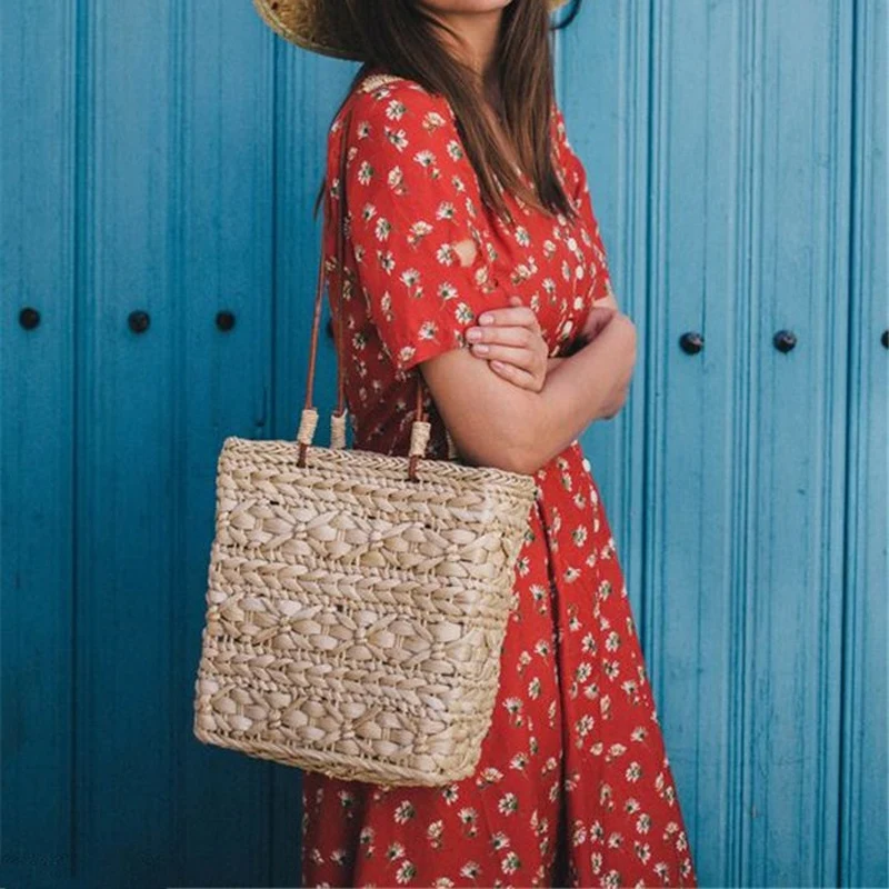 

BEAU-New Handmade Woven Handbags For Women Fashion Rattan Bag Cowhide Handle Design Retro Shoulder Bag Boho Female Straw Beach