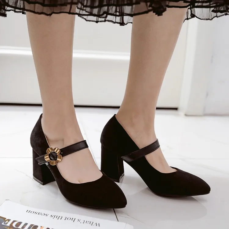 

Big Size 11 12 13 ladies high heels women shoes woman pumps Suede pointed, shallow, thick-heeled buckle metal decoration