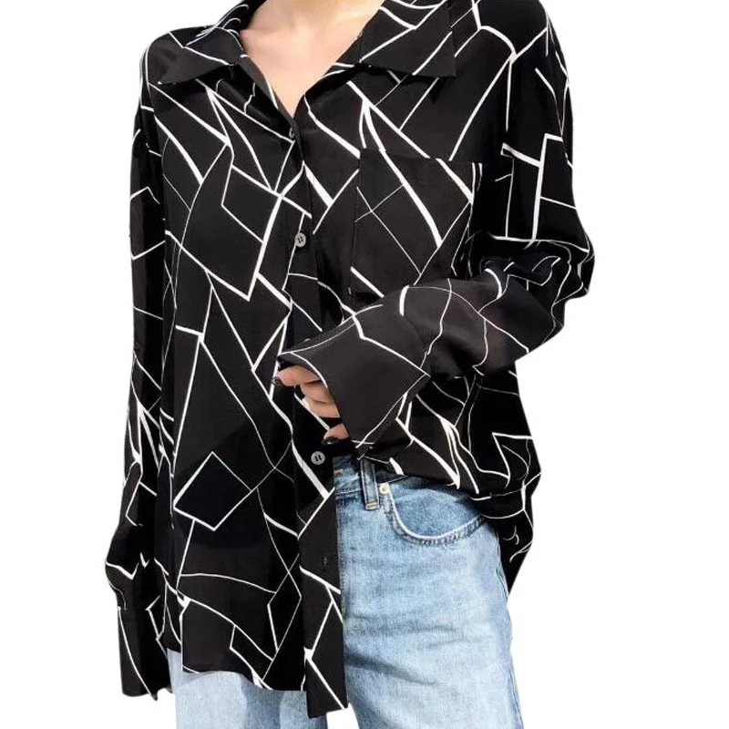 

Women's Tops and Blouses Striped Print Retro Shirts Long Sleeve Black White Blouse