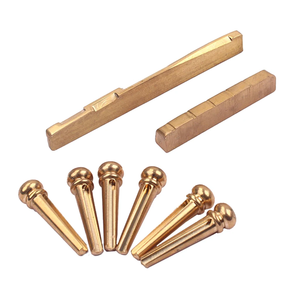 6 pieces Brass Bridge Pins + Nut Saddle Slotted for Acoustic Guitar Parts Gold New