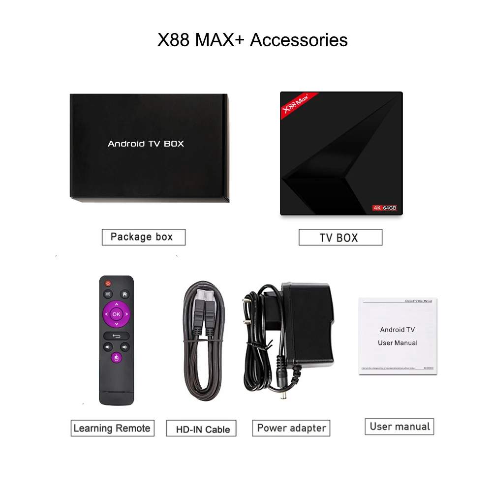  Android 9.0 TV BoxTV Box X88 Max Plus 4GB 64GB Rockchip RK3328 Quad-Core 64bit 2.4G/5GHz Dual WiFi 