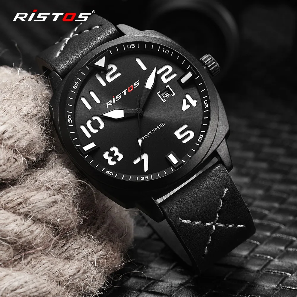 RISTOS Мужские кварцевые аналоговые часы в армейском стиле кожаные Reloj Masculino Hombre