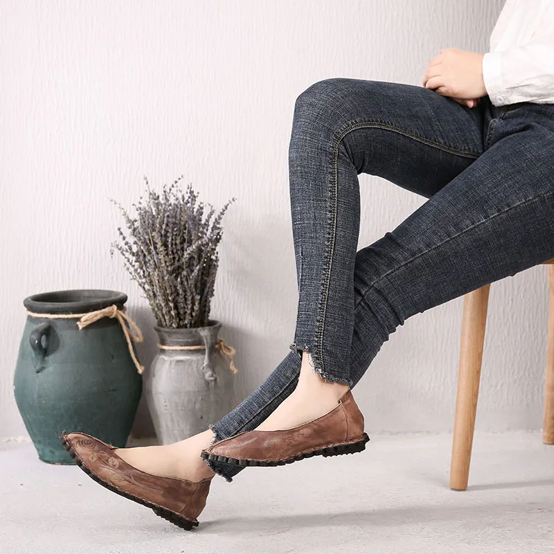 Planos Retro Mujeres Mano Bordado Señora De Pisos Vintage Zapatos Cuero A Los La Holgazanes Hechos Marca Genuino Coffee 2019 Las Primavera 4xY4nqr