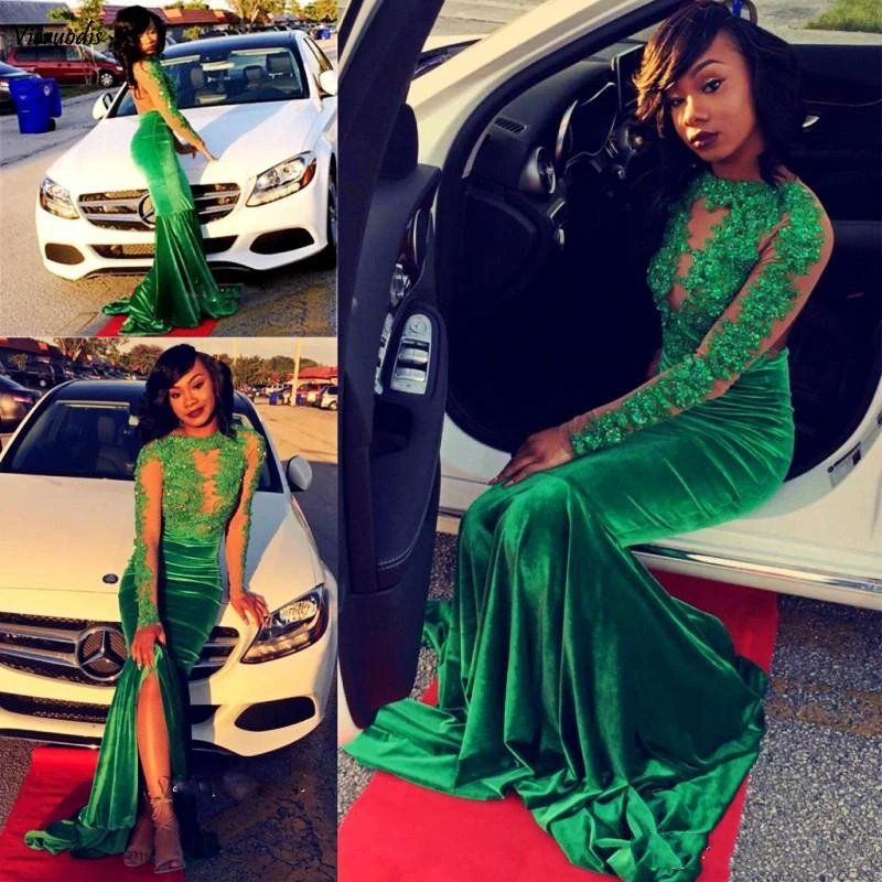 106-1 Long Sleeves Evening Gowns Velvet Sheer Neckline Lace Appliques Sequins Mermaid Prom Dress Long Sexy Back Arabic Party Vestidos