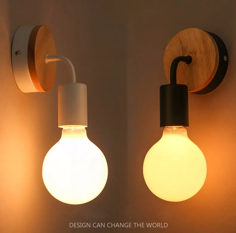 

Modern Minimalist Wall Lamp Nordic Style Wood Metal Spray Painting Process 90-260V E27 Holder Bedroom Restaurant Study Lighting