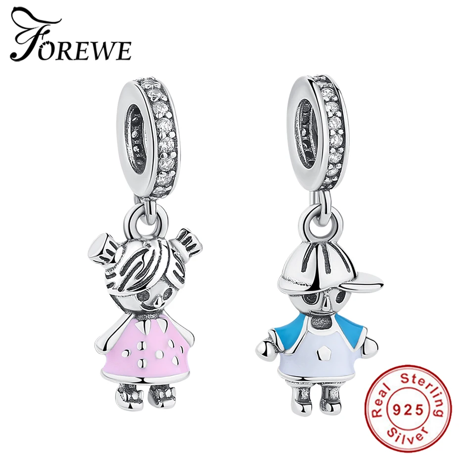 FOREWE Authentic 925 Sterling Pink Little Girl and Boy Dangle Charms Fit Pandora Charms Bracelet
