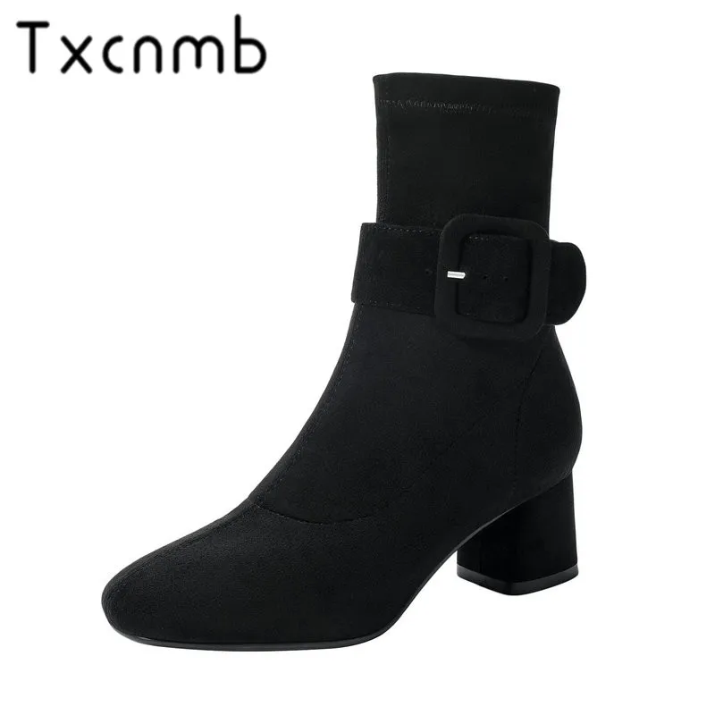 

TXCNMB New Brand Boots Women Flock Leather Ankle Boots Fashion High Heel Autumn Winter Party Dress Shoes Woman Office
