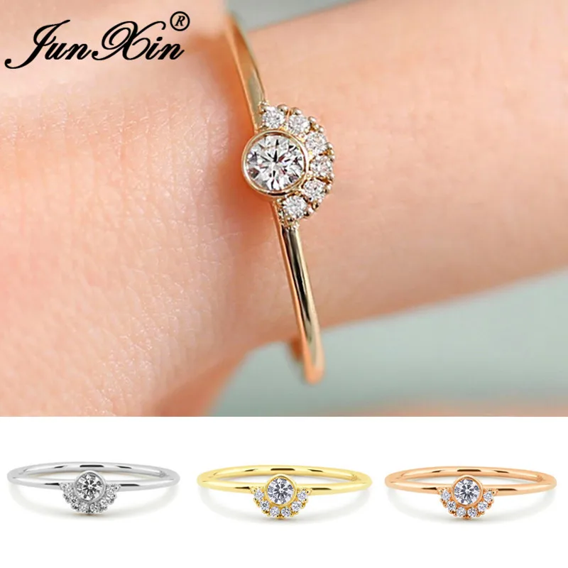 JUNXIN Stackable Crown Eternity Rings For Women 925 Silver Rose Gold Filled Small CZ White Crystal Minimalist Thin Ring Female