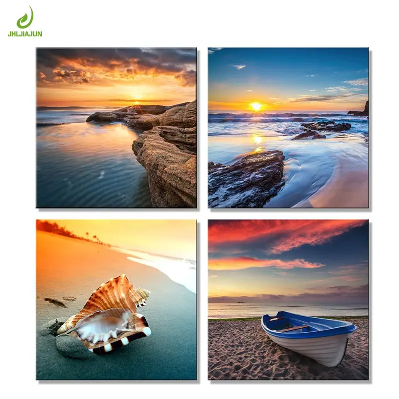 JHLJIAJUN 4 stuk Nodic Poster Conch Zonsondergang Zee Canvas Decoratie