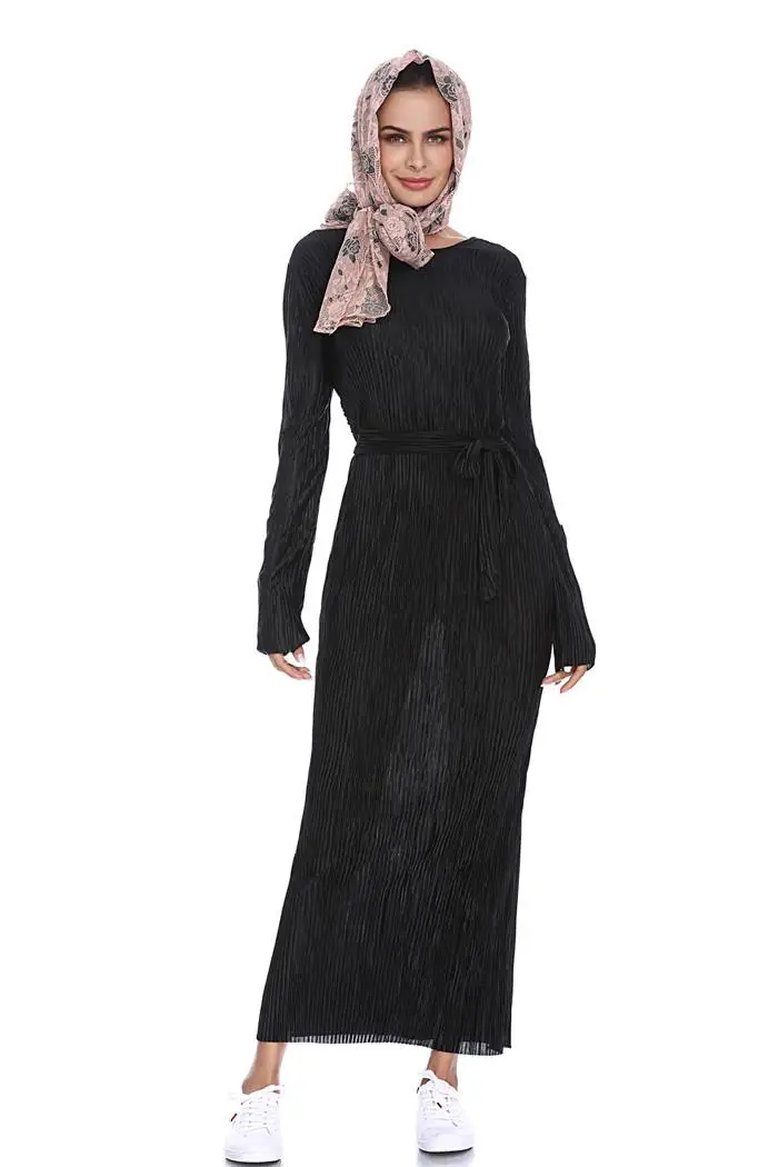 Мусульманское женское Плиссированное длинное платье макси Коктейльные Вечерние платья исламский кафтан Дубай тонкий Абая халат платье хиджаб повседневное Ближний Восток - Цвет: Черный
