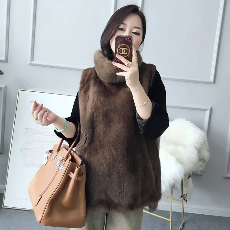 

Real Mink Fur Women Regular Overhead Coat High Collar Winter Warm Thick Whole Mink Fur Bows Jacket