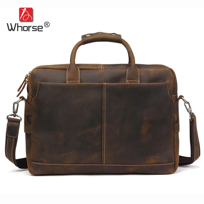 

Brand Vintage Crazy Horse Leather Business Briefcase Men 17 inch Laptop Bag Cowhide Male Satchel Crossbody Messenger Bags W0050