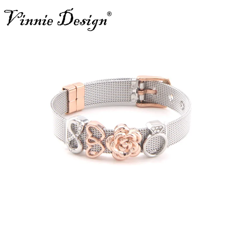 Vinnie Design Jewelry Keeper Stainless Steel Mesh Bracelet with 4pcs Slide Charms Silver Rose Gold Wrap Bracelets Keepers
