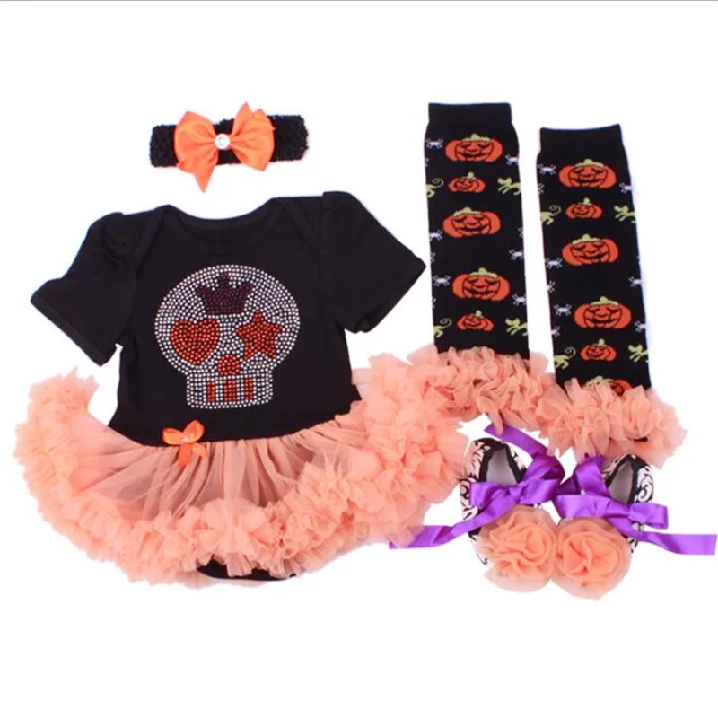 Костюмы для хэллоуинская пачка, Детский комбинезон-пачка с черепом, повязка на голову, носки, комплект детской одежды из 4 предметов, костюмы для хэллоуинская пачка для девочек - Цвет: as photo