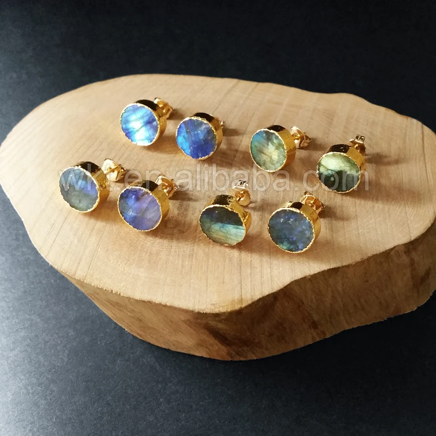 

WT-E151 Lovely hot sale sparkly natural labradorite round stud stone with gold dipped multi color stone fashion earrings