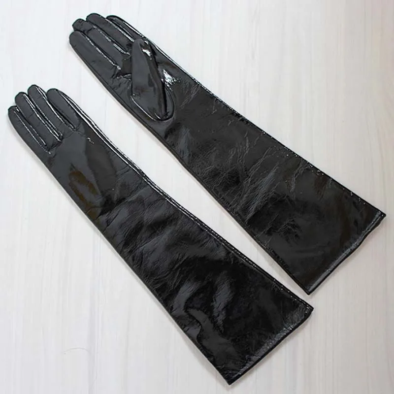 40 см(15,7") длинный простой стиль натуральная лакированная кожа Локоть вечерние длинные перчатки черный - Цвет: black