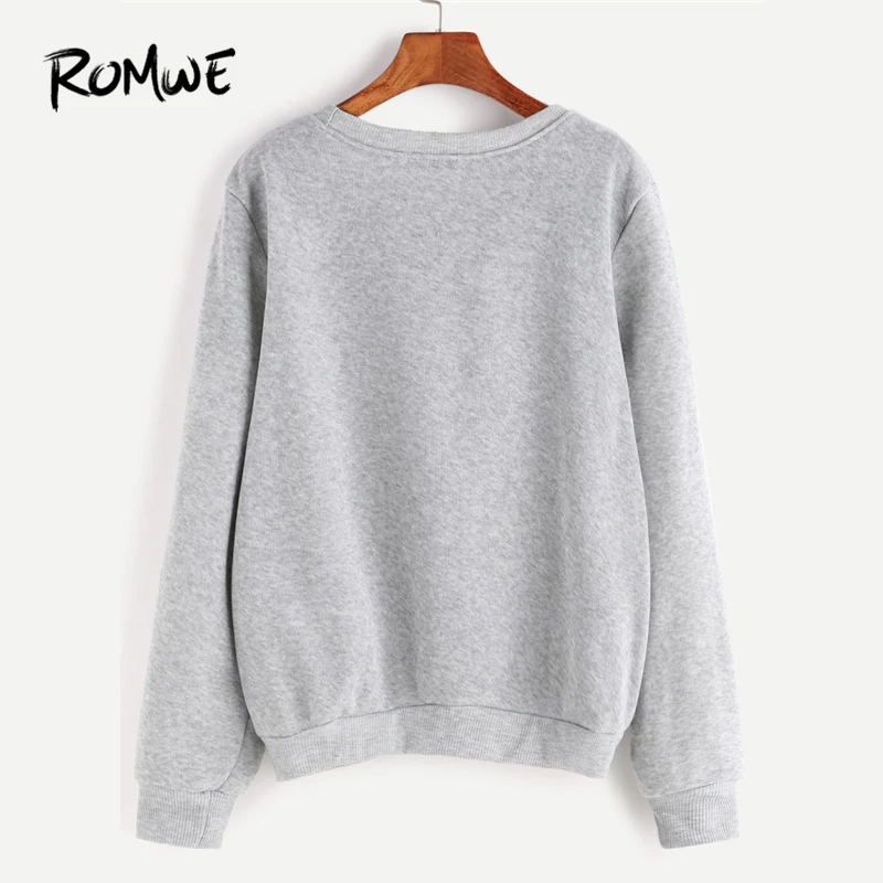  ROMWE Light Grey Letter Print Grey Sweatshirt Ladies Spring Autumn Winter Round Neck Long Sleeve Fe