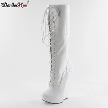 Wonderheel/Популярные лакированные белые сапоги до колена на очень высоком каблуке ", на танкетке 3 см, на платформе пикантные модные женские сапоги