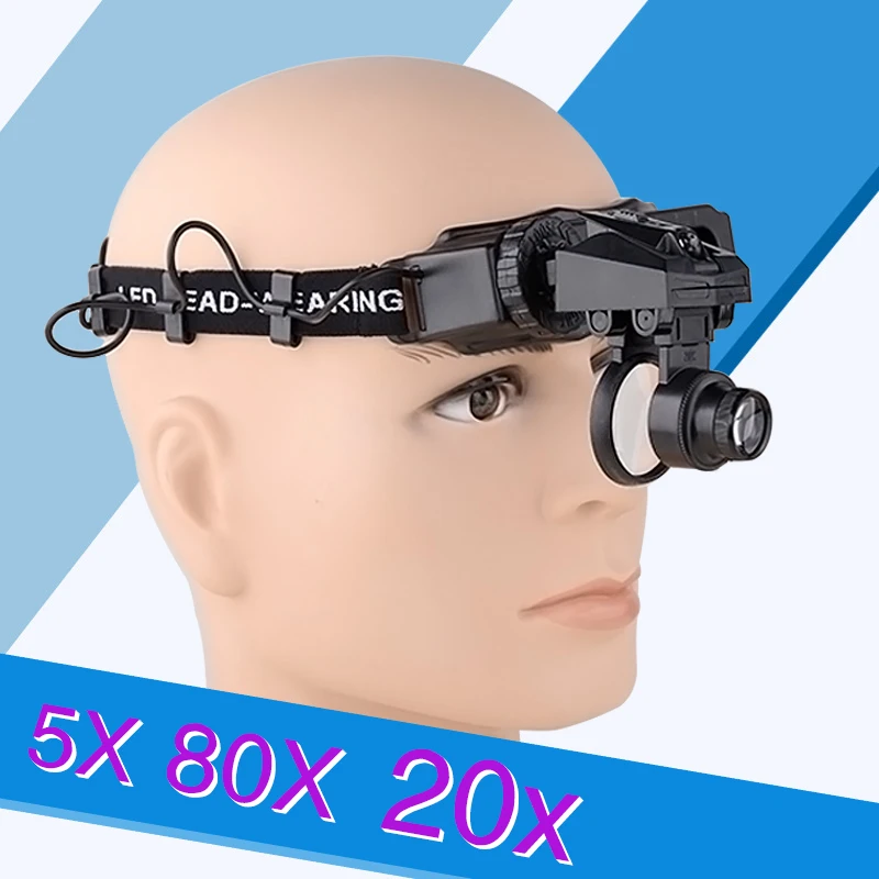 5X 8X 20X Monocular Headband Magnifier LED Light with 3 Lens Head