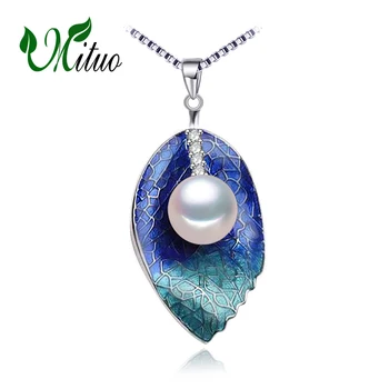 

MITUO Pearl Jewelry leaf pendant Genuine natural Pearl Necklace,cloisonne Pearl Choker pendant Women new Enamel Necklace