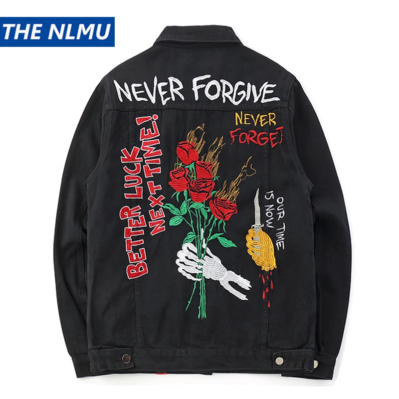 Embroidery Rose Skull Denim Jackets Men Women 2018 Autumn Fashion