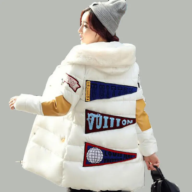 Зимняя женская куртка, воротник, карман, длинное пальто, патч, новинка, утолщенная, повседневная, тонкая, с капюшоном, свободного размера плюс, XXXL, парка, AE1574