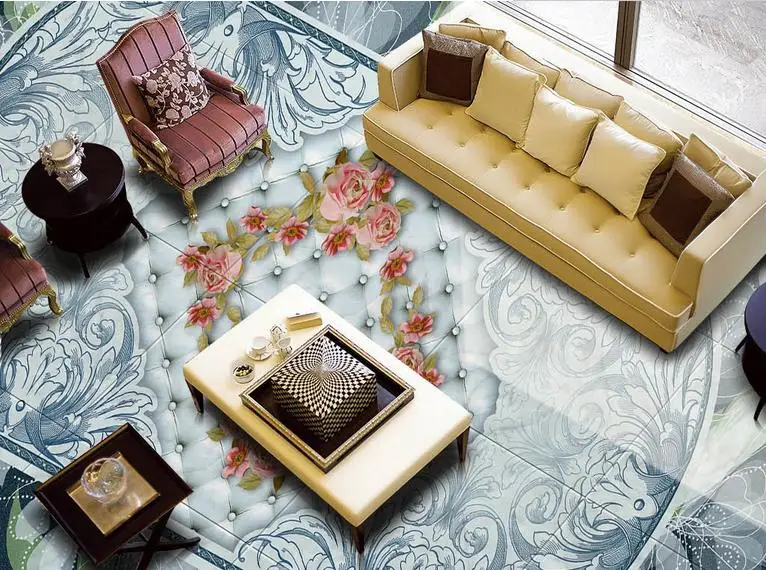 

3d floor custom 3d wallpaper living room Blue retro floral 3d pvc flooring waterproof wallpaper self adhesive 3d floor murals