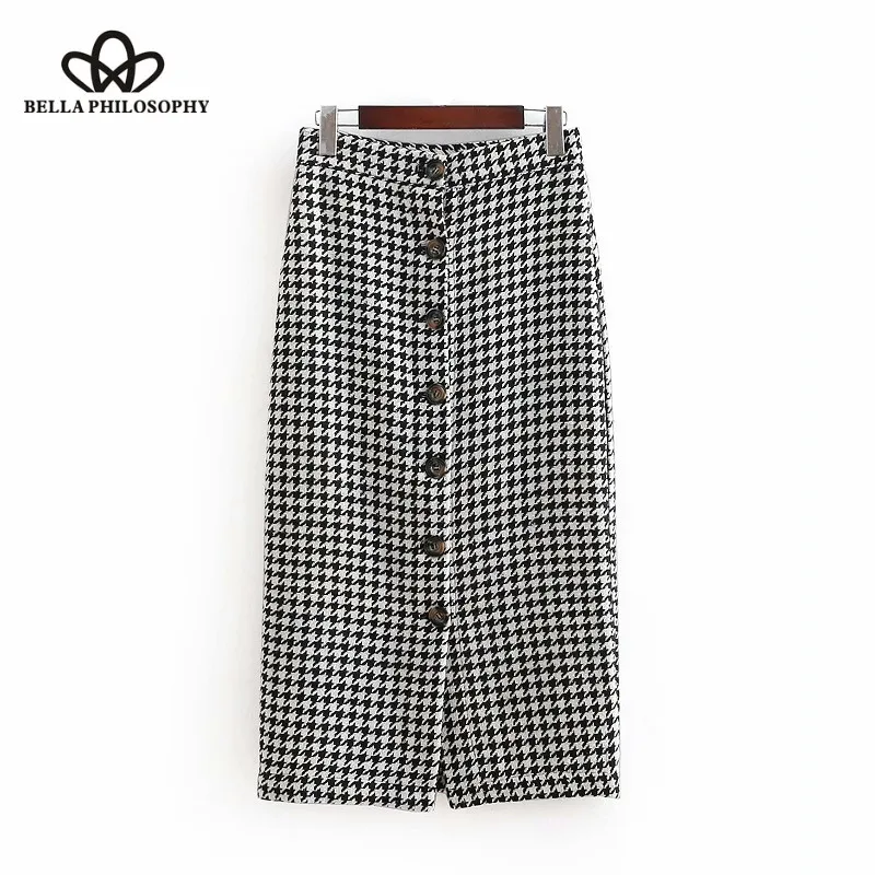 Wonder 2018 New autumn Vintage plaid buttons split slimming straight midi skirt ladies fashion vestidos casual business skirts