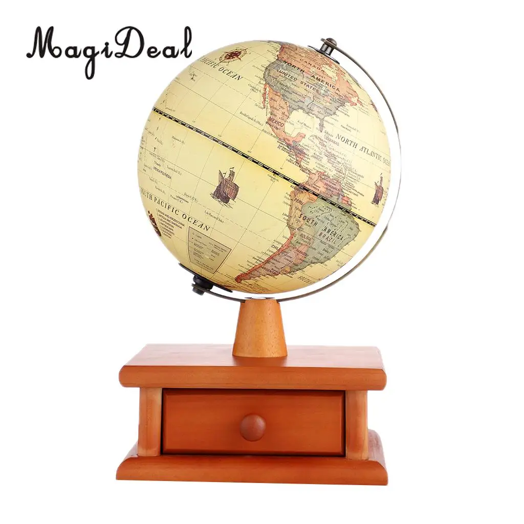 Vintage Wooden Base World Map Globe Decorative Desktop Rotating Geography Globe Educational Gifts