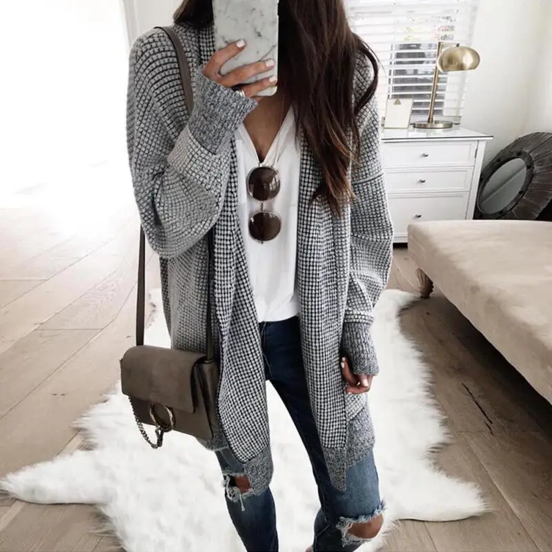 Women Cotton Long Jackets Stand Collar Loose Open Stitch Cardigan Outwear Casual Long Sleeve Autumn Winter Vintage Plaid Coats