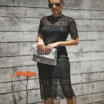 

2019 Summer See Through Lace Hollow Out Dress Women Round Neck Solid Party Midi Dresses Short Sleeve Perspective Bodycon Dress