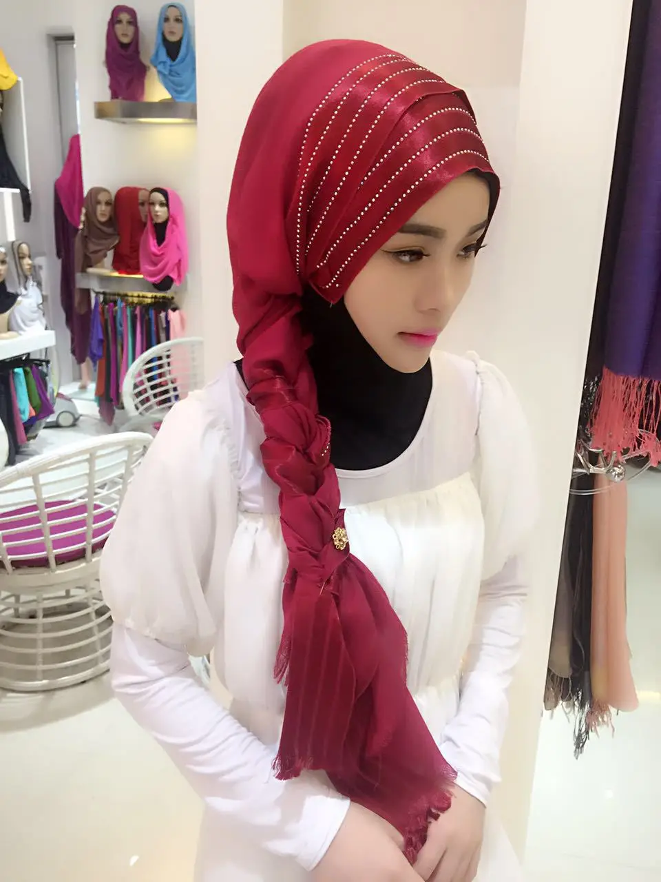 Мусульманские платки лента со стразами хиджаб cutton Muslima Шаль Исламская повязка на голову головные уборы schaila