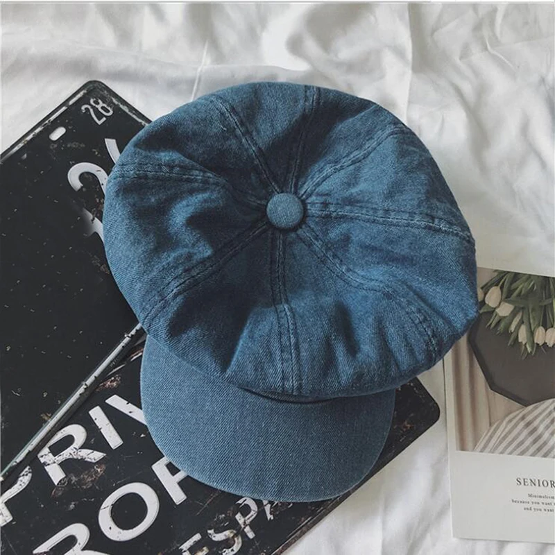 GAOKE Vintage Unisex Newsboy Denim Cap Autumn Cowboy Hat Women Male Octagonal Hat Cabbie Driver Cap Flat Top Korean Painter Hats
