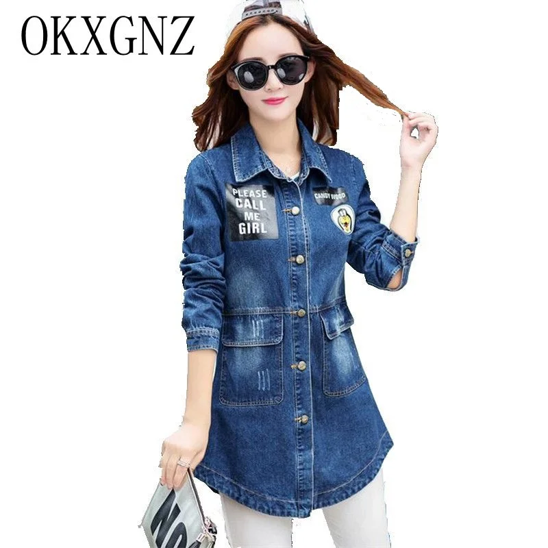 

OKXGNZ 2017Jean Jacket Female Han Edition Costume Printed Single-breasted Medium Long Cowboy Coat Spring Denim Windbreaker AH055