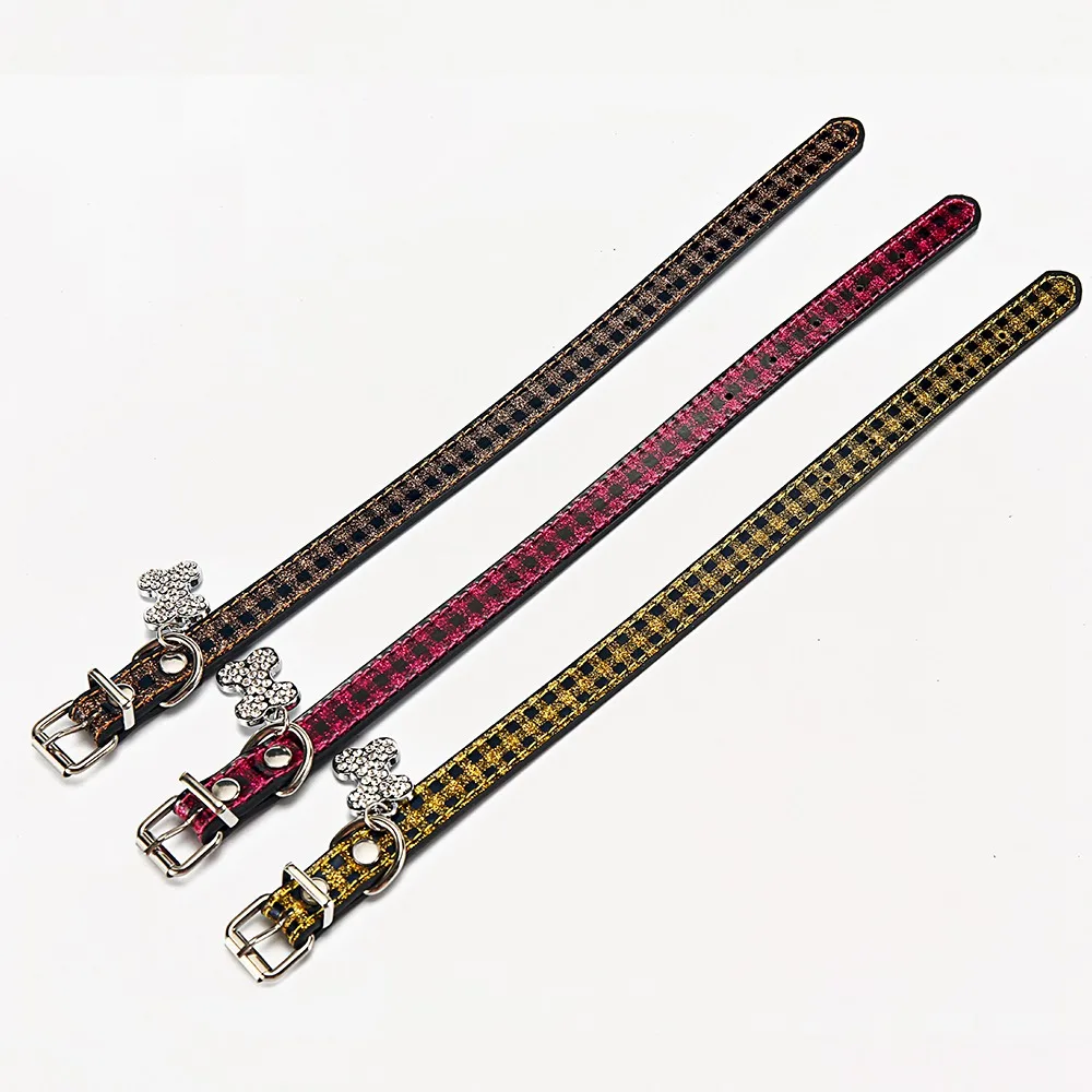 Rhinestone Pet Dog Collar For Cats Bling Pet Kitten Puppy Product Dogs Cat Collars Accessories Solid Plaid Cat Dog Collar LX0012 SI5B6762