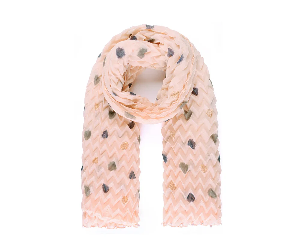 

Pink crinkle pleated polka dot glitter dot print scarf with pearls large size long scarf soft fabric