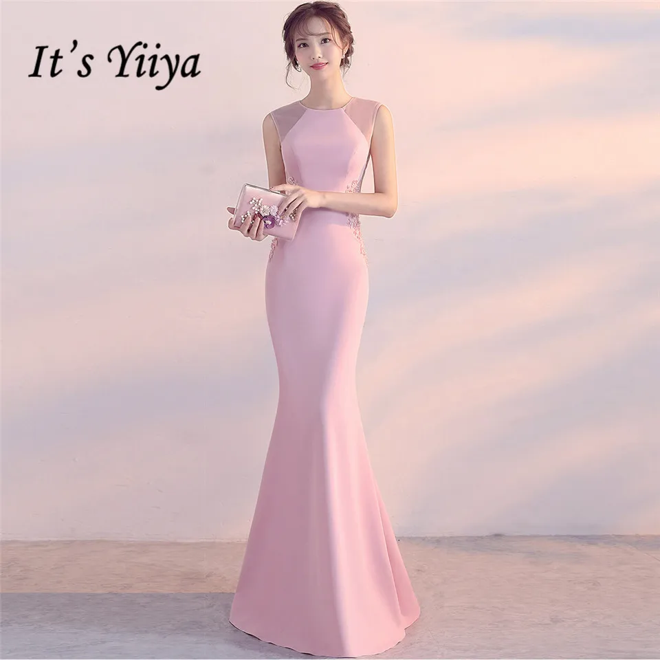 

It's Yiiya Evening Dresses O-neck Pearls Sleeveless Elegant Party gowns Embroidery zipper back long Formal Prom dress C189